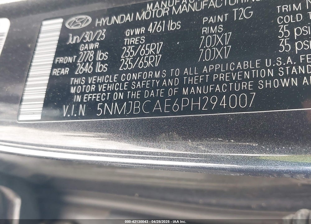2023 HYUNDAI TUCSON SEL VIN: 5NMJBCAE6PH294007