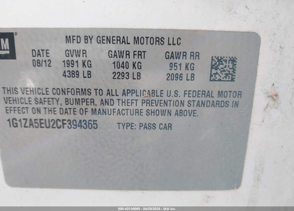 2012 CHEVROLET MALIBU VIN: 1G1ZA5EU2CF394365