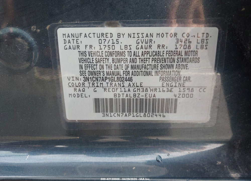 2016 NISSAN VERSA 1.6 S/1.6 S+/1.6 SL/1.6 SV VIN: 3N1CN7AP1GL802446