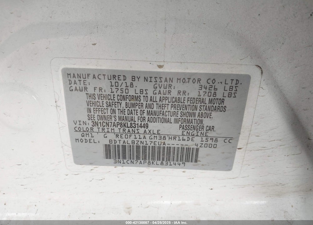 2019 NISSAN VERSA VIN: 3N1CN7AP8KL831449