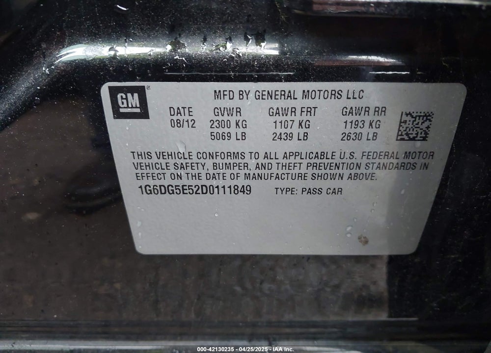 2013 CADILLAC CTS VIN: 1G6DG5E52D0111849