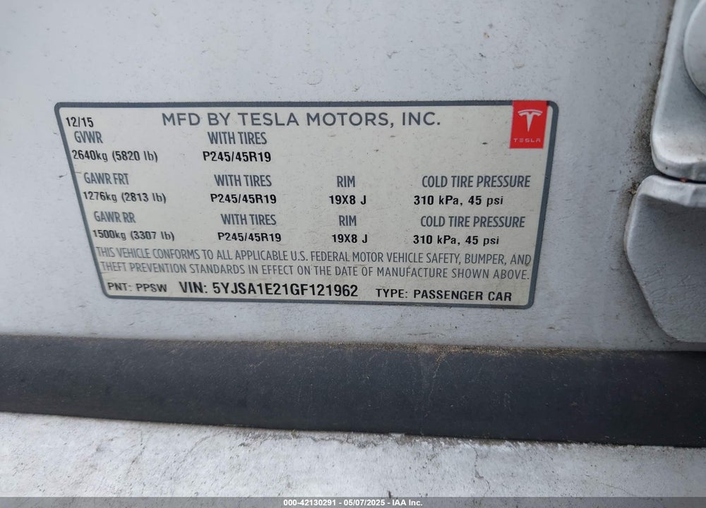 2016 TESLA MODEL S 60D/70D/75D/85D/90D VIN: 5YJSA1E21GF121962