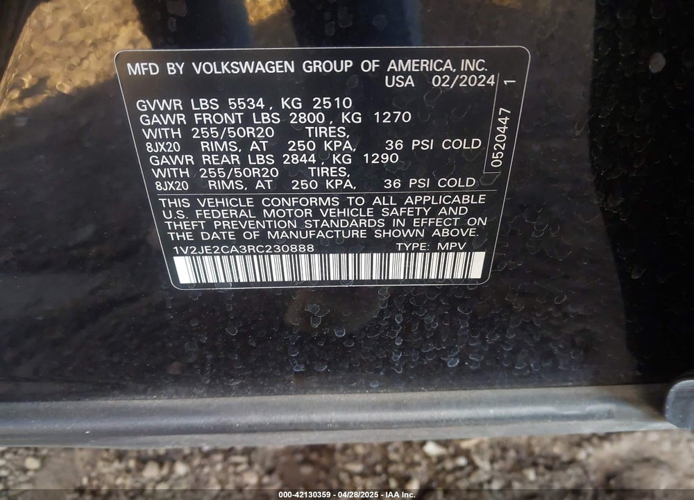 2024 VOLKSWAGEN ATLAS CROSS SPORT VIN: 1V2JE2CA3RC230888