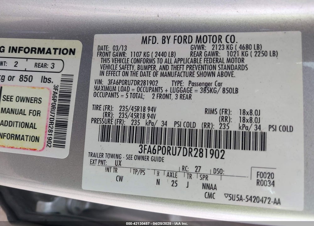 2013 FORD FUSION HYBRID TITANIUM VIN: 3FA6P0RU7DR281902