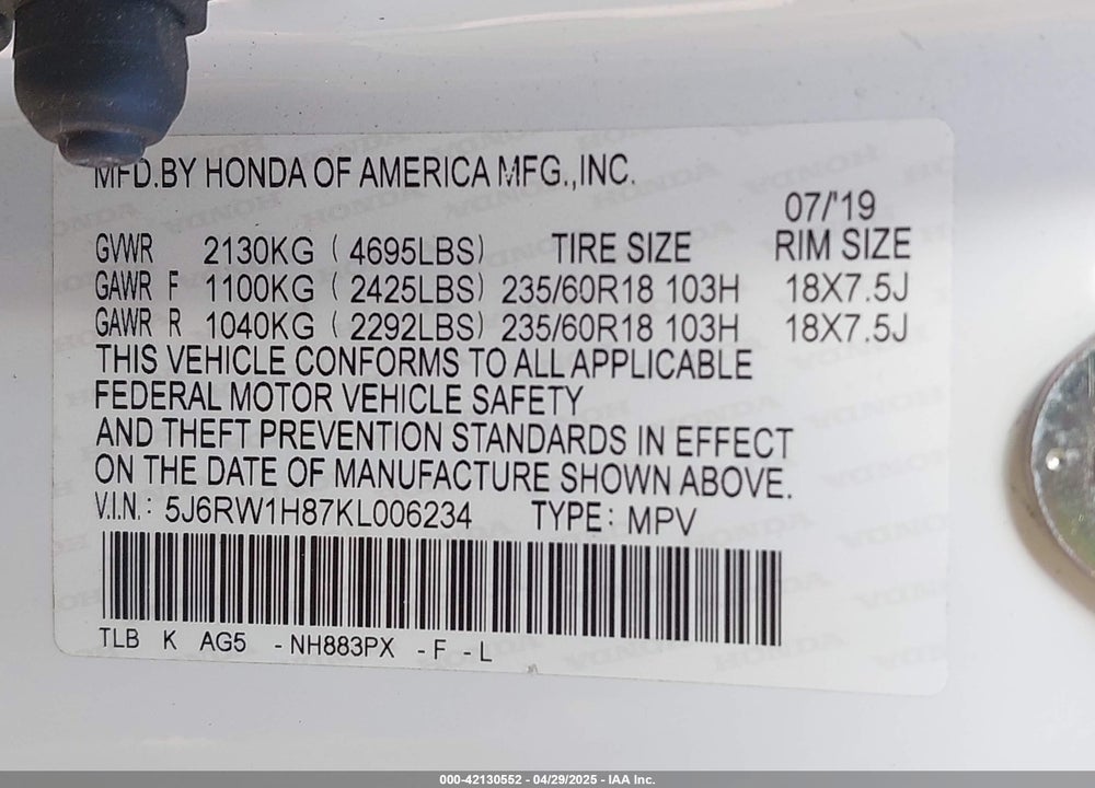2019 HONDA CR-V VIN: 5J6RW1H87KL006234