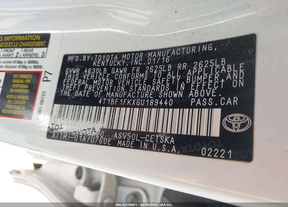 2016 TOYOTA CAMRY SE VIN: 4T1BF1FKXGU189440