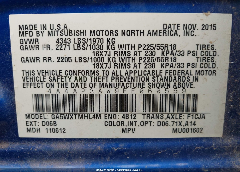 2015 MITSUBISHI OUTLANDER SPORT ES VIN: 4A4AP3AW9FE060559