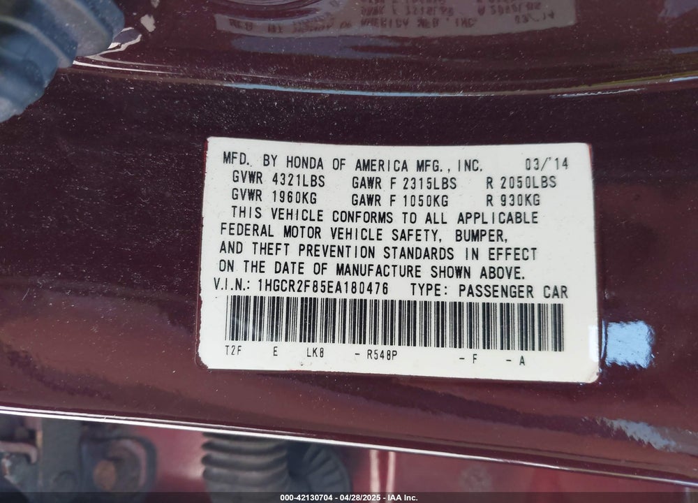 2014 HONDA ACCORD VIN: 1HGCR2F85EA180476