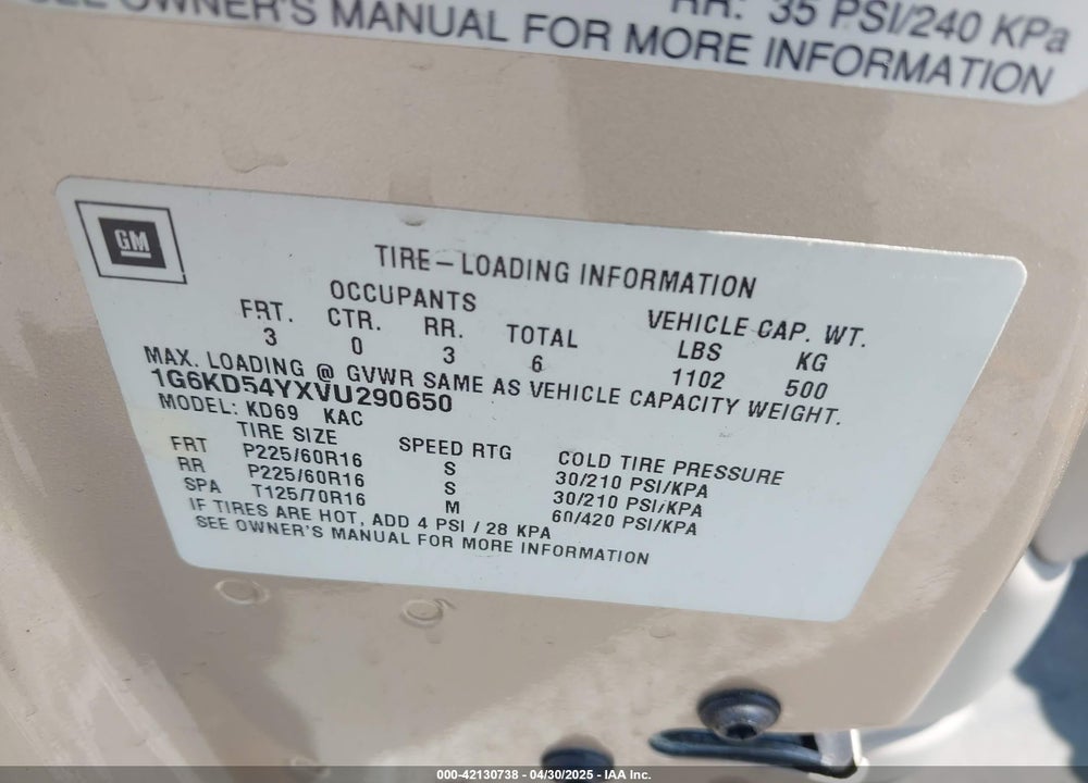1997 CADILLAC DEVILLE STANDARD VIN: 1G6KD54YXVU290650