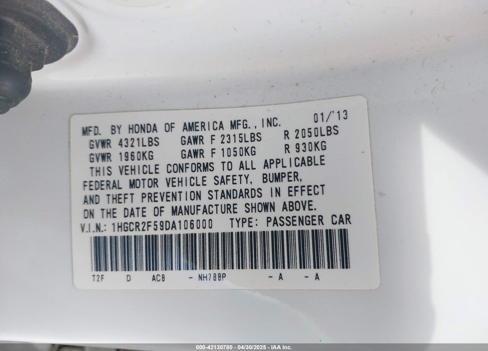 2013 HONDA ACCORD SPORT VIN: 1HGCR2F59DA106000