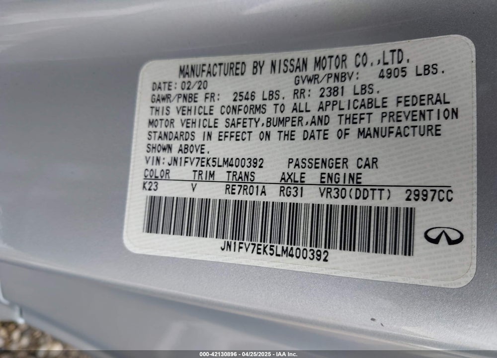 2020 INFINITI Q60 VIN: JN1FV7EK5LM400392