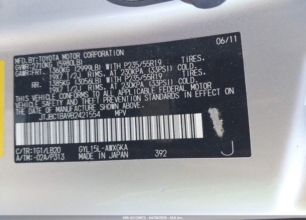2011 LEXUS RX 450H VIN: JTJBC1BA9B2421554
