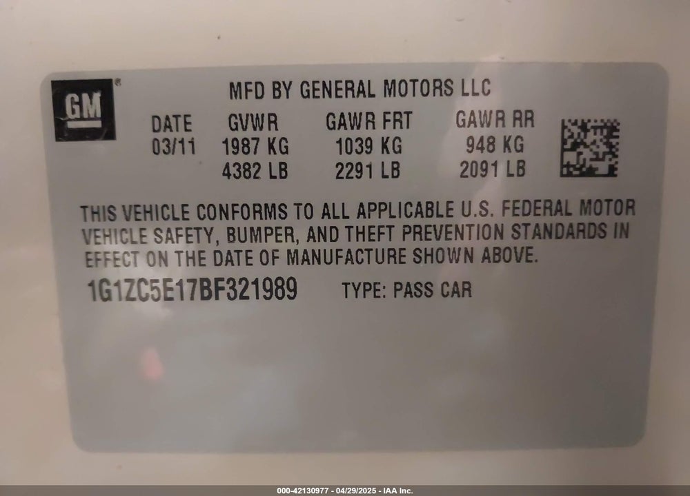2011 CHEVROLET MALIBU VIN: 1G1ZC5E17BF321989