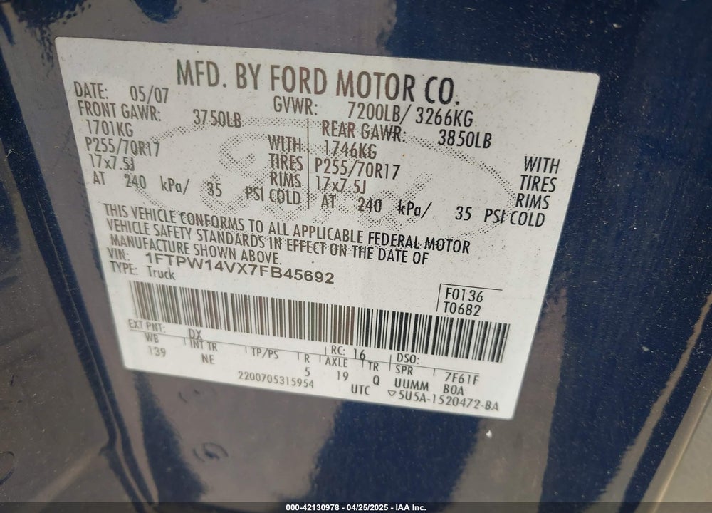 2007 FORD F-150 VIN: 1FTPW14VX7FB45692