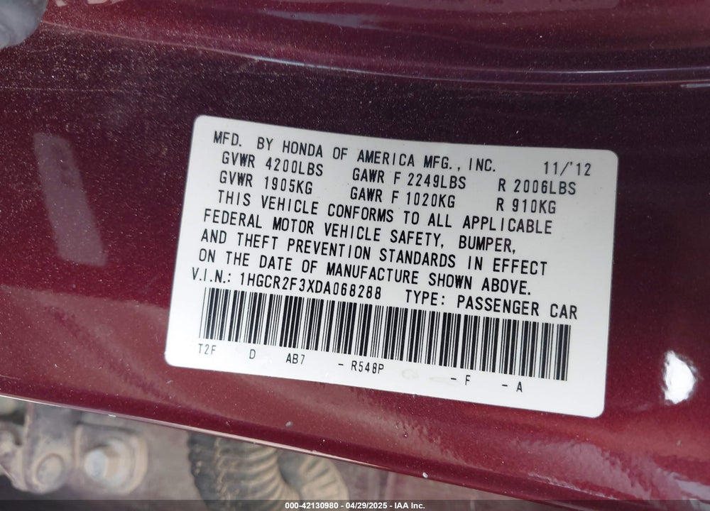 2013 HONDA ACCORD VIN: 1HGCR2F3XDA068288