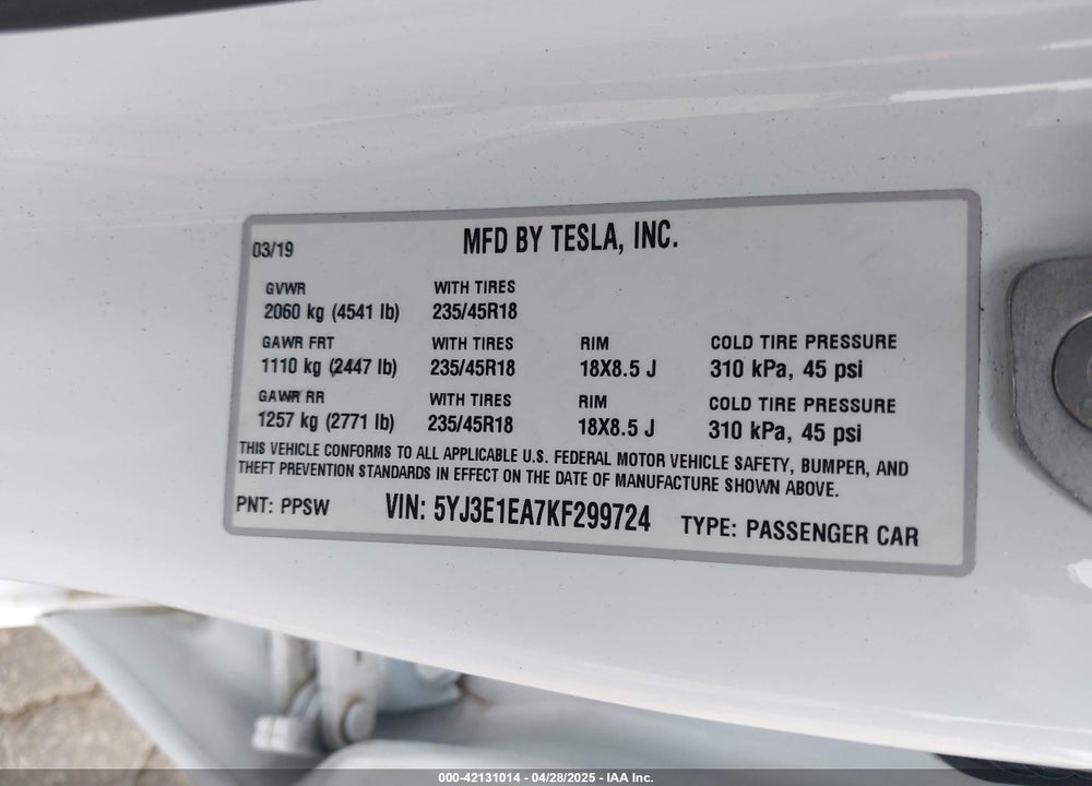 2019 TESLA MODEL 3 LONG RANGE/MID RANGE/STANDARD RANGE/STANDARD RANGE PLUS VIN: 5YJ3E1EA7KF299724