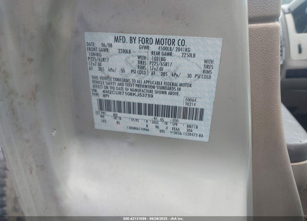 2008 MERCURY MARINER VIN: 4M2CU87108KJ53759