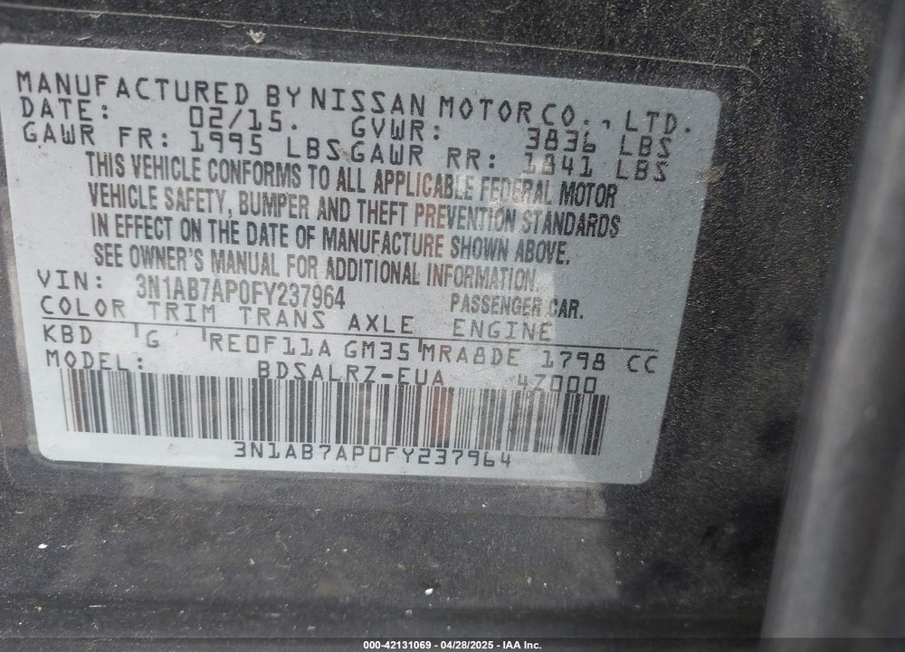 2015 NISSAN SENTRA VIN: 3N1AB7AP0FY237964