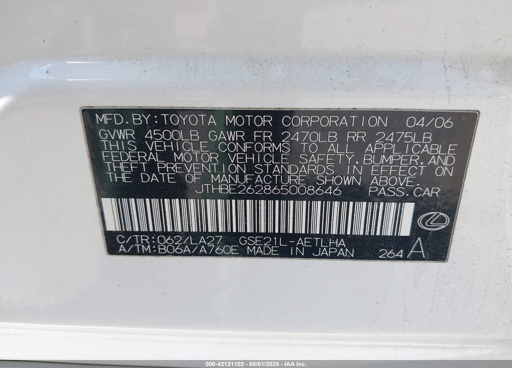2006 LEXUS IS 350 VIN: JTHBE262865008646