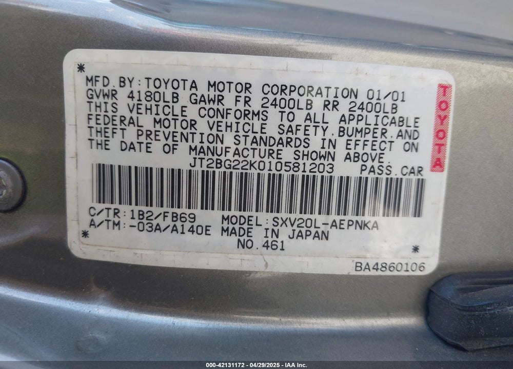 2001 TOYOTA CAMRY VIN: JT2BG22K010581203