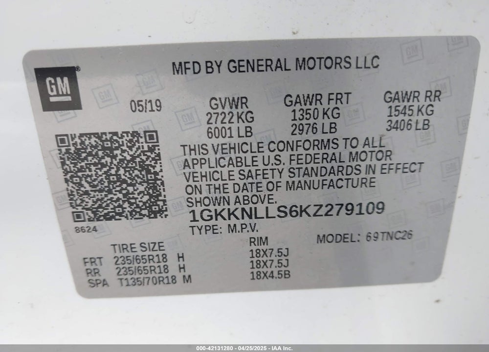 2019 GMC ACADIA VIN: 1GKKNLLS6KZ279109