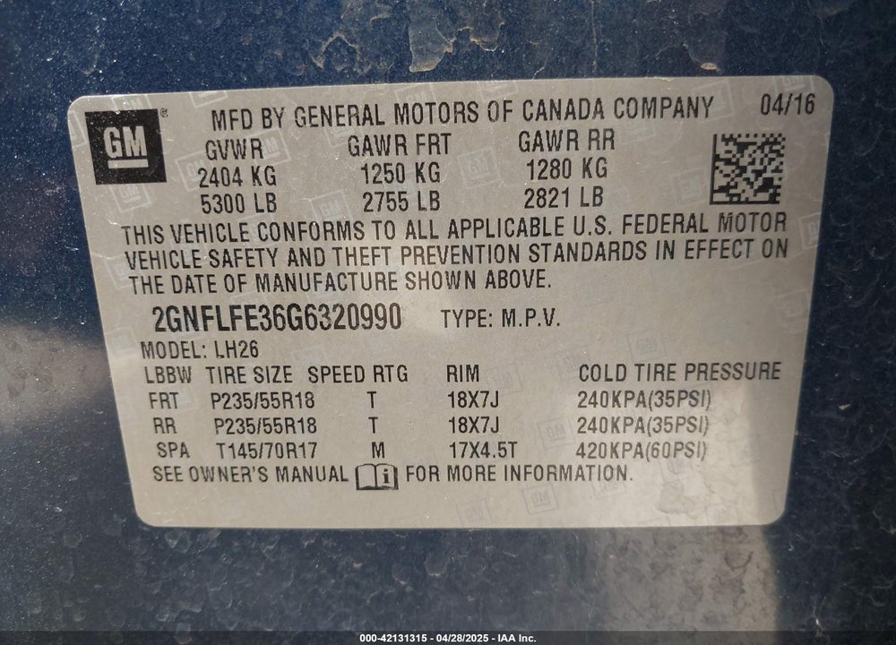 2016 CHEVROLET EQUINOX LT VIN: 2GNFLFE36G6320990