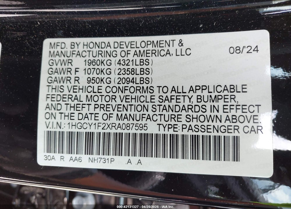 2024 HONDA ACCORD LX VIN: 1HGCY1F2XRA087595