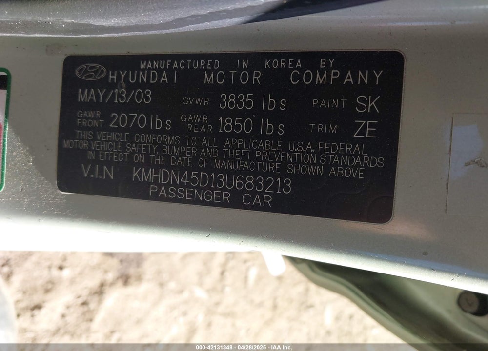2003 HYUNDAI ELANTRA GLS/GT VIN: KMHDN45D13U683213