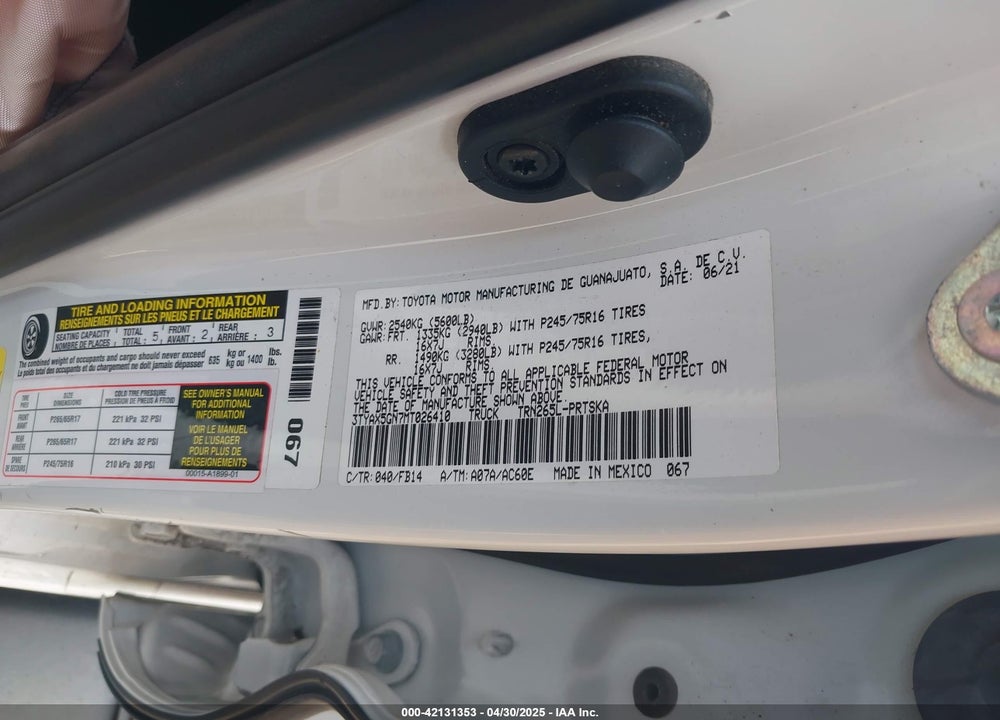2021 TOYOTA TACOMA SR VIN: 3TYAX5GN7MT026410