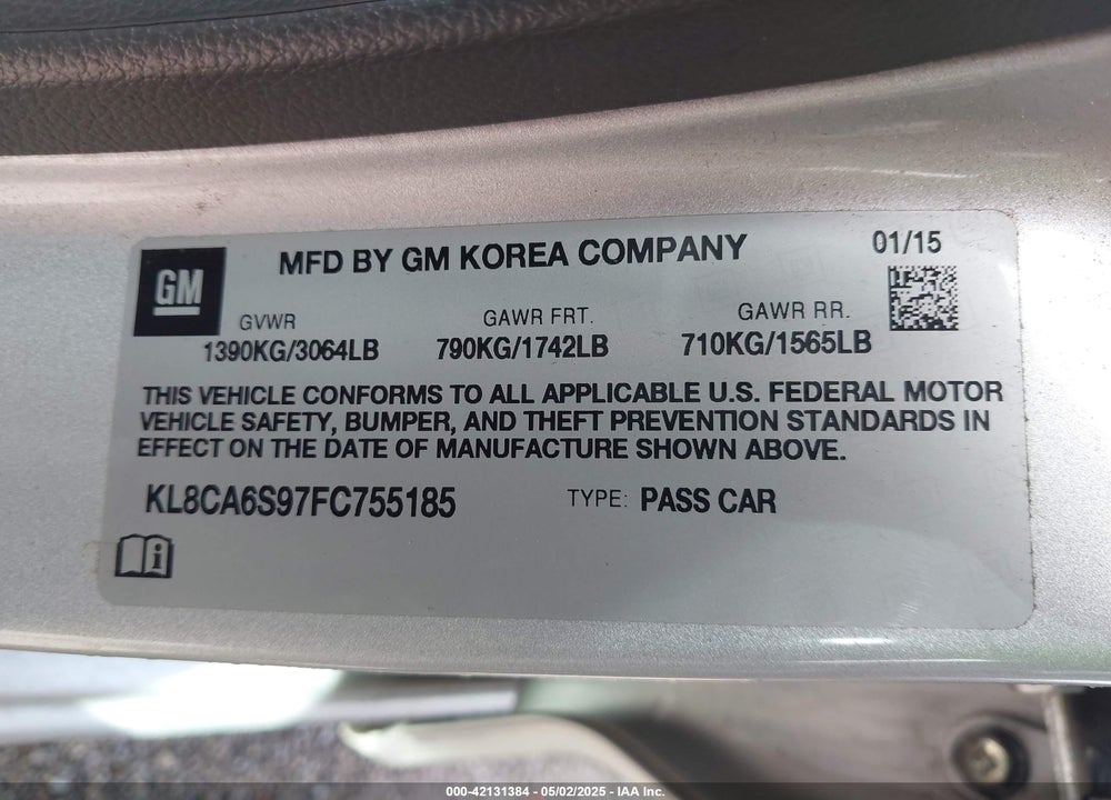 2015 CHEVROLET SPARK LS MANUAL VIN: KL8CA6S97FC755185