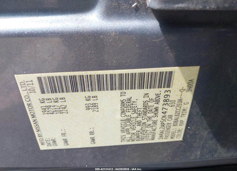 2012 NISSAN ALTIMA 2.5 S VIN: 1N4AL2AP5CN473893