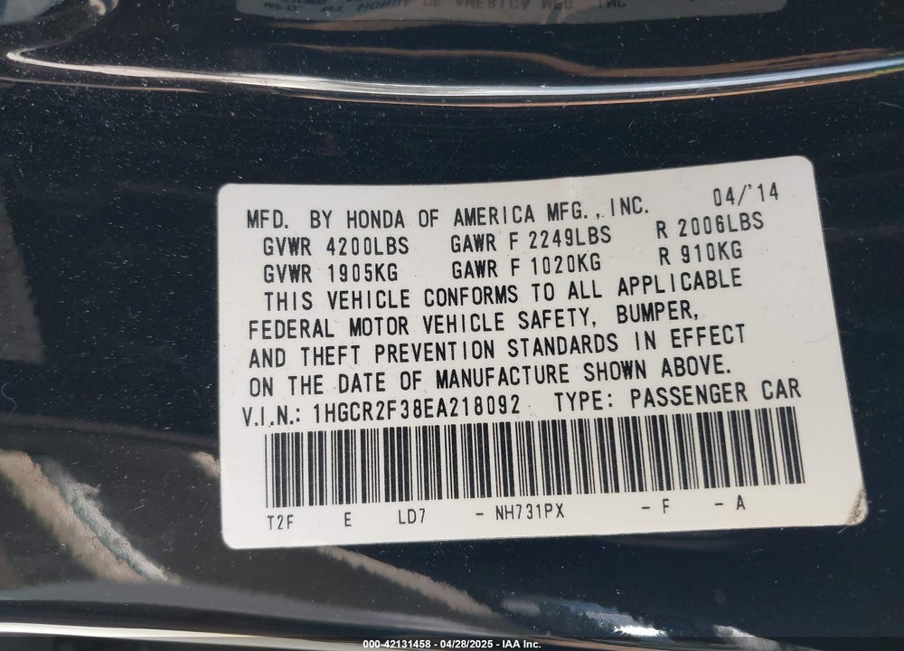 2014 HONDA ACCORD VIN: 1HGCR2F38EA218092