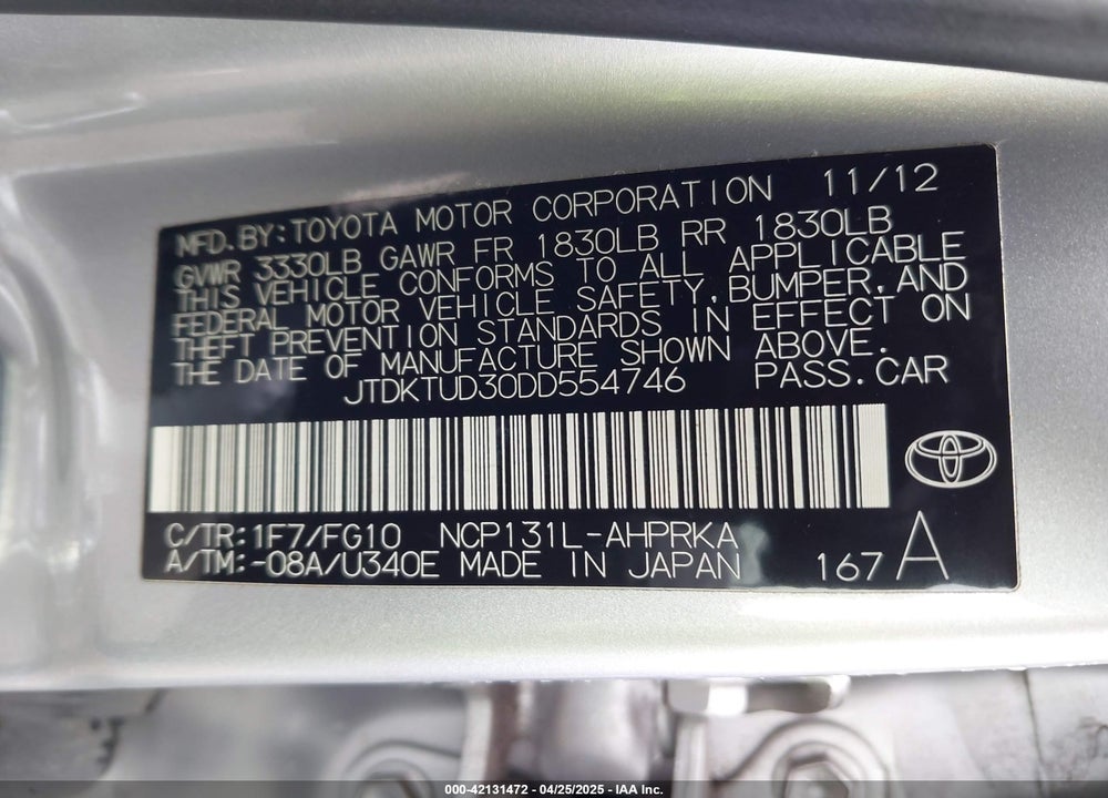2013 TOYOTA YARIS LE VIN: JTDKTUD30DD554746