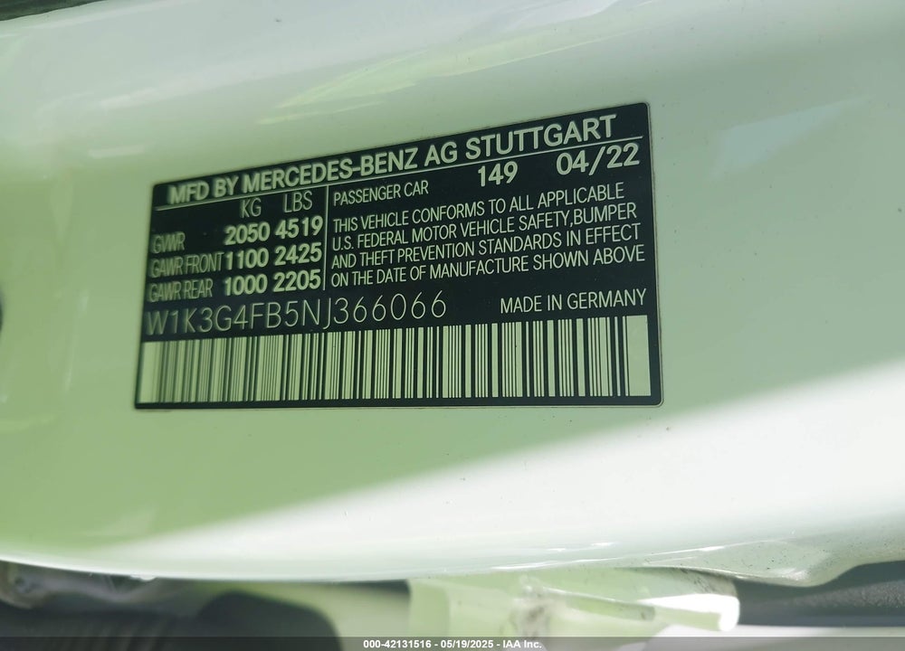 2022 MERCEDES-BENZ A 220 4MATIC VIN: W1K3G4FB5NJ366066