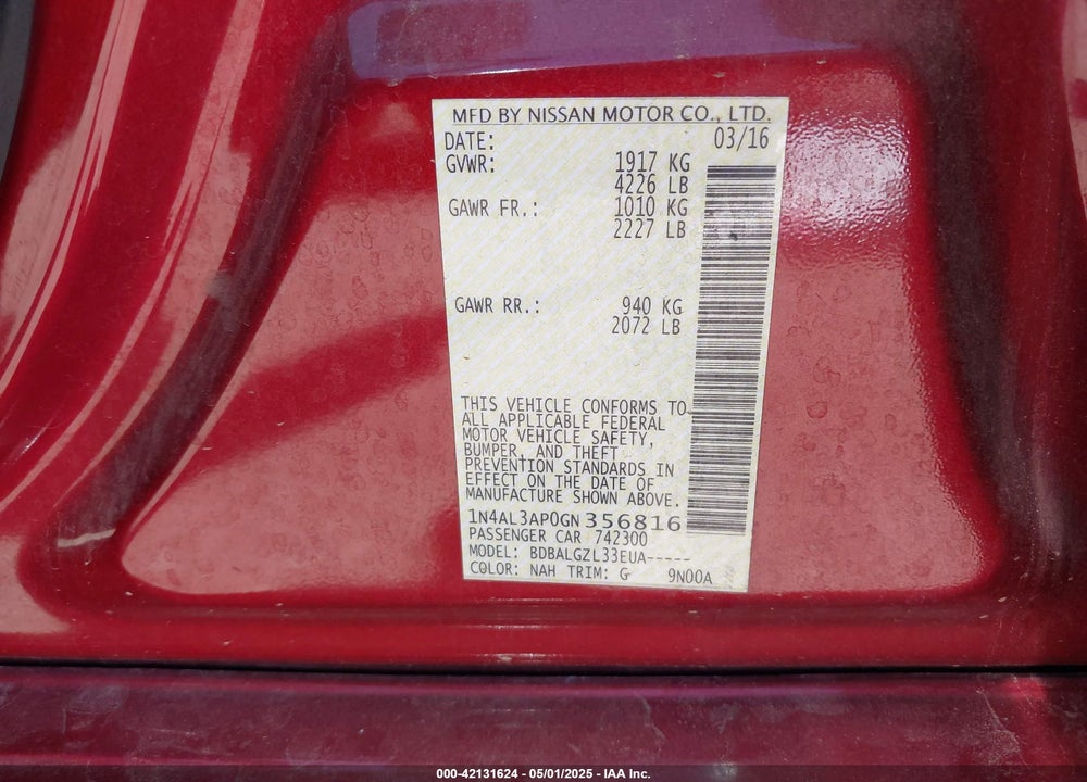 2016 NISSAN ALTIMA 2.5 S VIN: 1N4AL3AP0GN356816