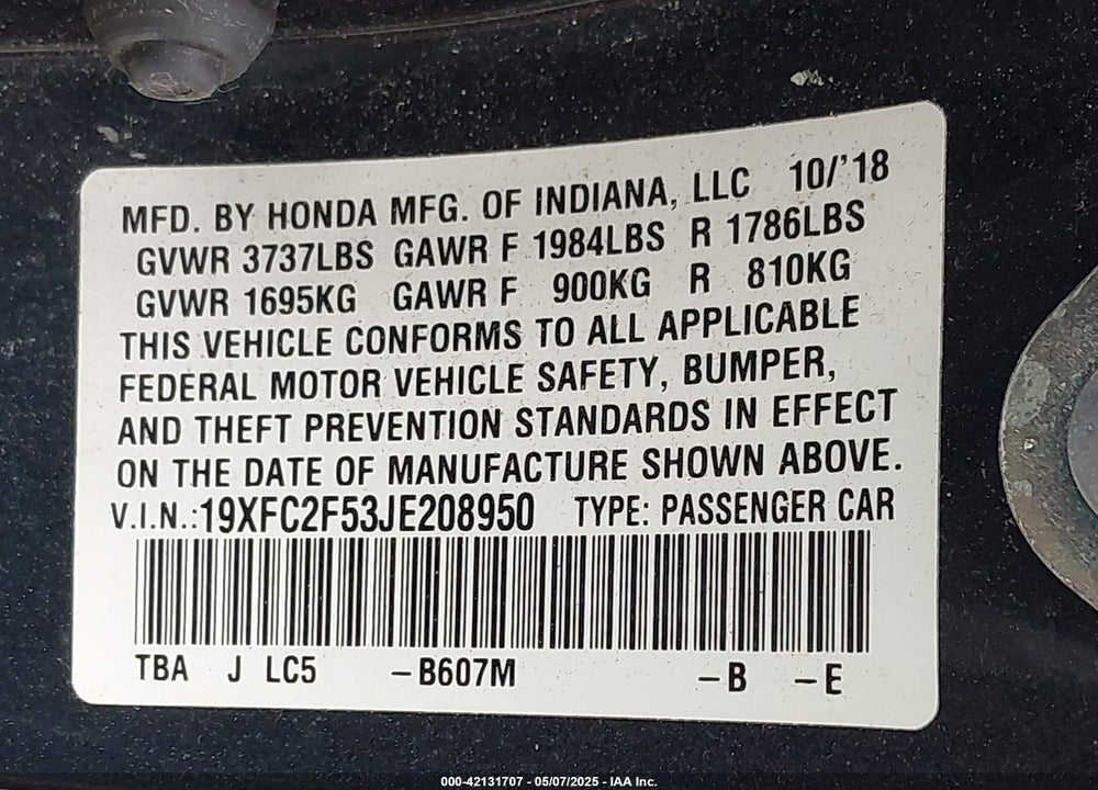 2018 HONDA CIVIC VIN: 19XFC2F53JE208950