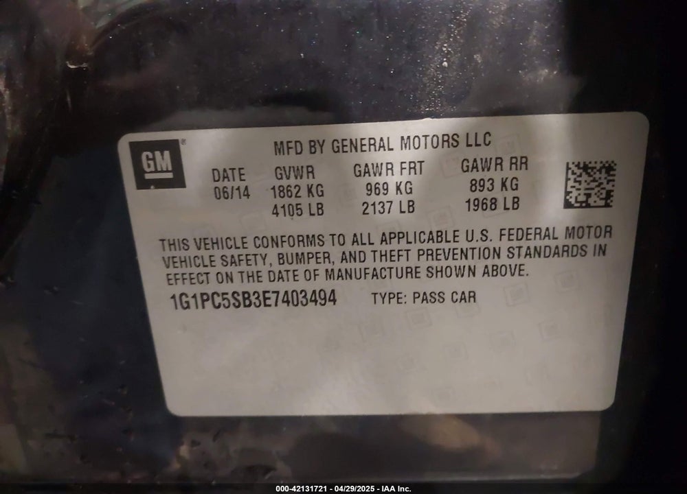 2014 CHEVROLET CRUZE 1LT AUTO VIN: 1G1PC5SB3E7403494