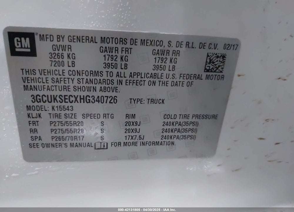 2017 CHEVROLET SILVERADO 1500 1LZ VIN: 3GCUKSECXHG340726