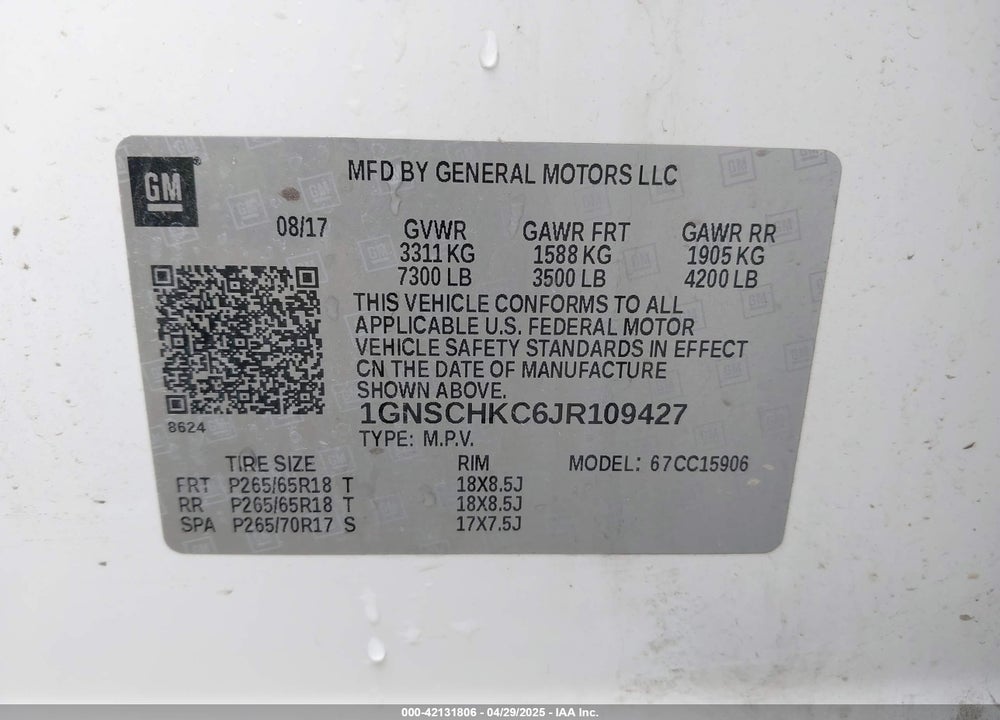 2018 CHEVROLET SUBURBAN LT VIN: 1GNSCHKC6JR109427