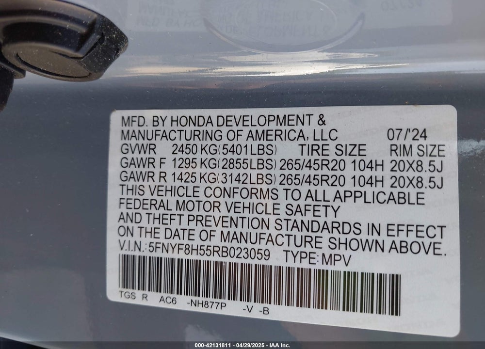 2024 HONDA PASSPORT VIN: 5FNYF8H55RB023059
