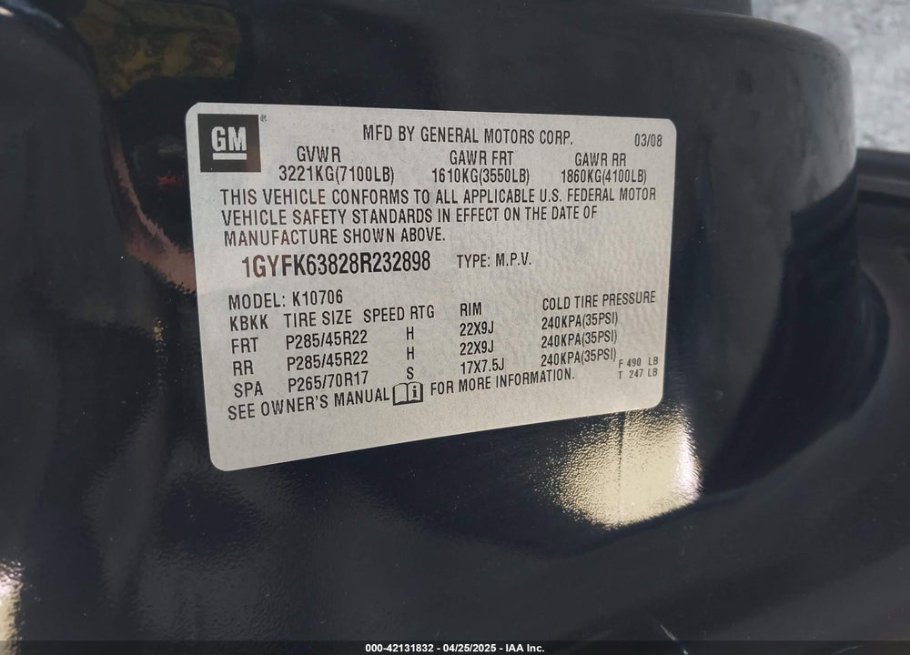 2008 CADILLAC ESCALADE VIN: 1GYFK63828R232898