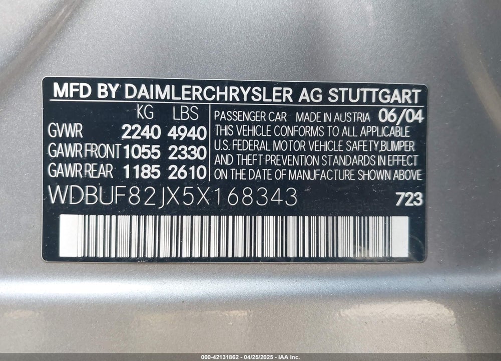 2005 MERCEDES-BENZ E 320 4MATIC VIN: WDBUF82JX5X168343