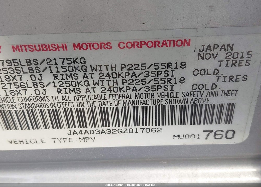 2016 MITSUBISHI OUTLANDER VIN: JA4AD3A32GZ017062