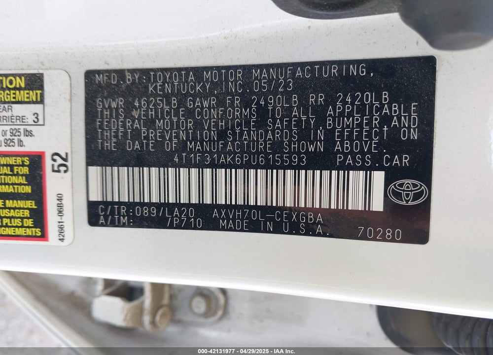 2023 TOYOTA CAMRY XLE HYBRID VIN: 4T1F31AK6PU615593