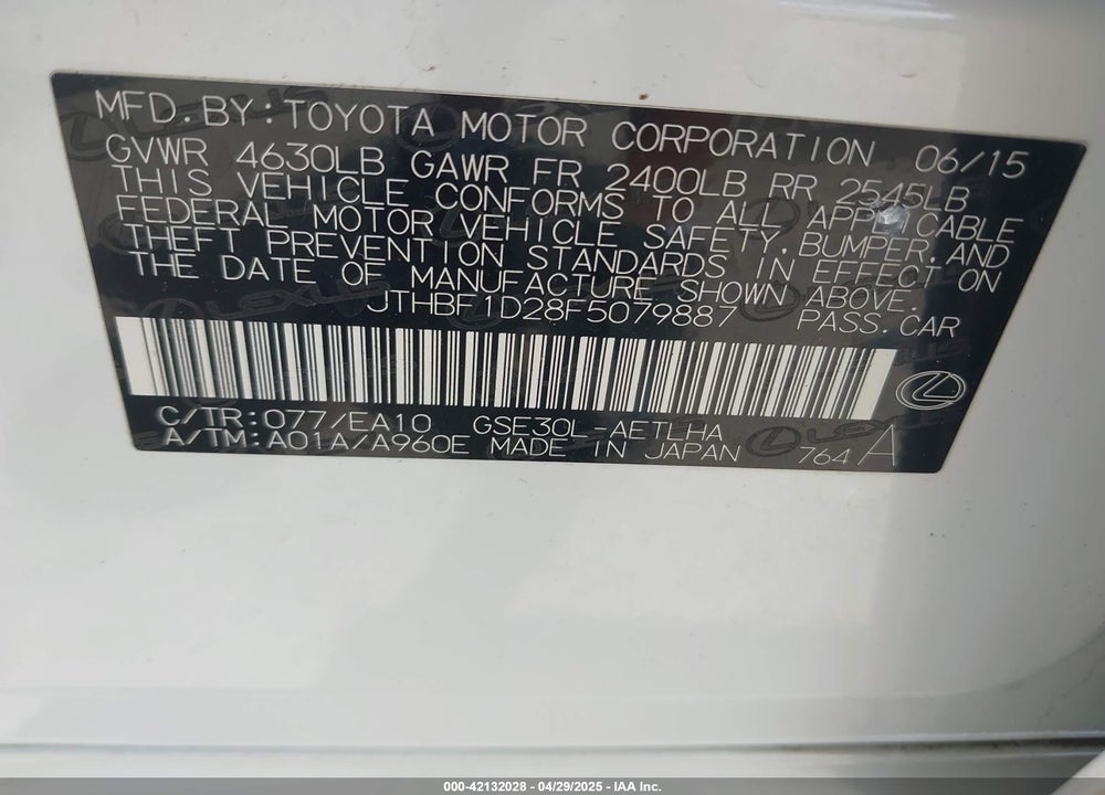 2015 LEXUS IS250 VIN: JTHBF1D28F5079887