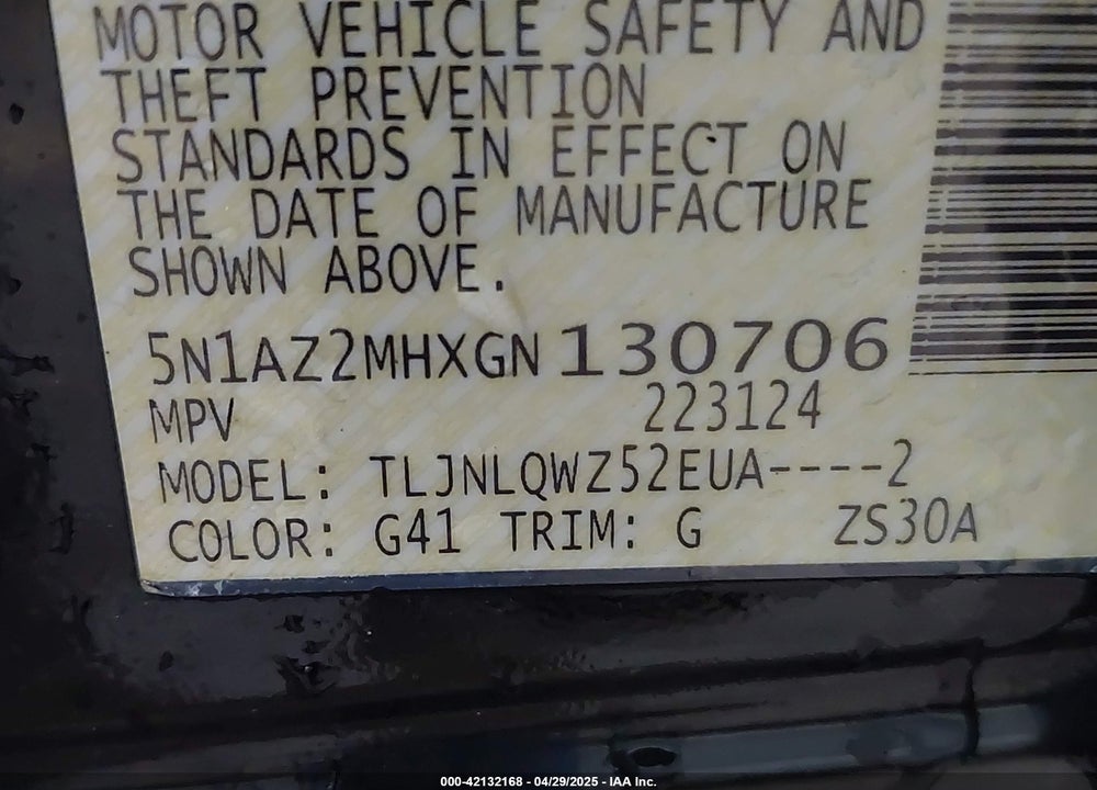 2016 NISSAN MURANO SV VIN: 5N1AZ2MHXGN130706