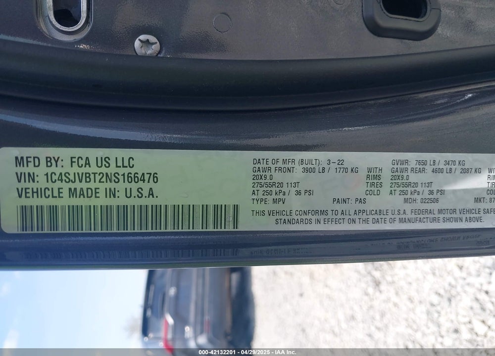 2022 JEEP WAGONEER VIN: 1C4SJVBT2NS166476