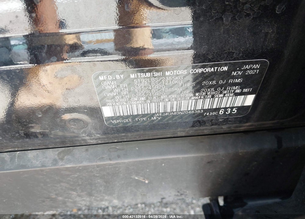 2022 MITSUBISHI OUTLANDER VIN: JA4J4UA83NZ048383