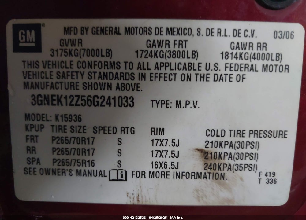 2006 CHEVROLET AVALANCHE 1500 Z71 VIN: 3GNEK12Z56G241033