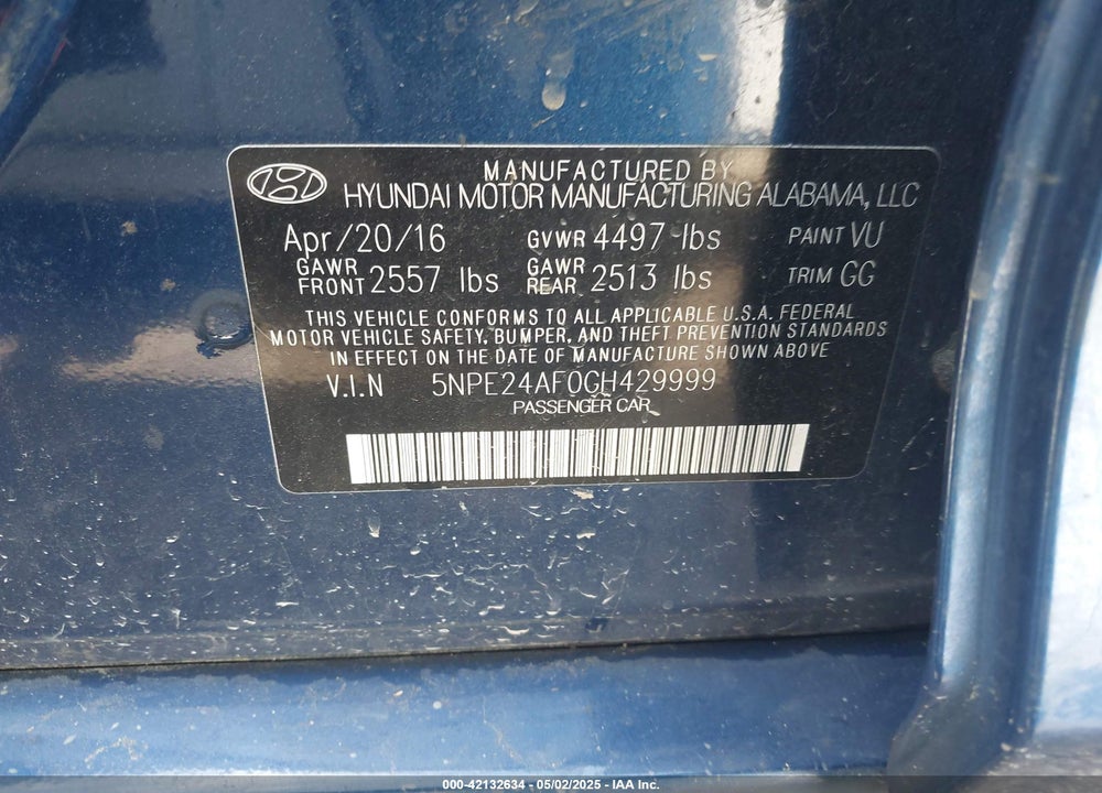 2016 HYUNDAI SONATA VIN: 5NPE24AF0GH429999